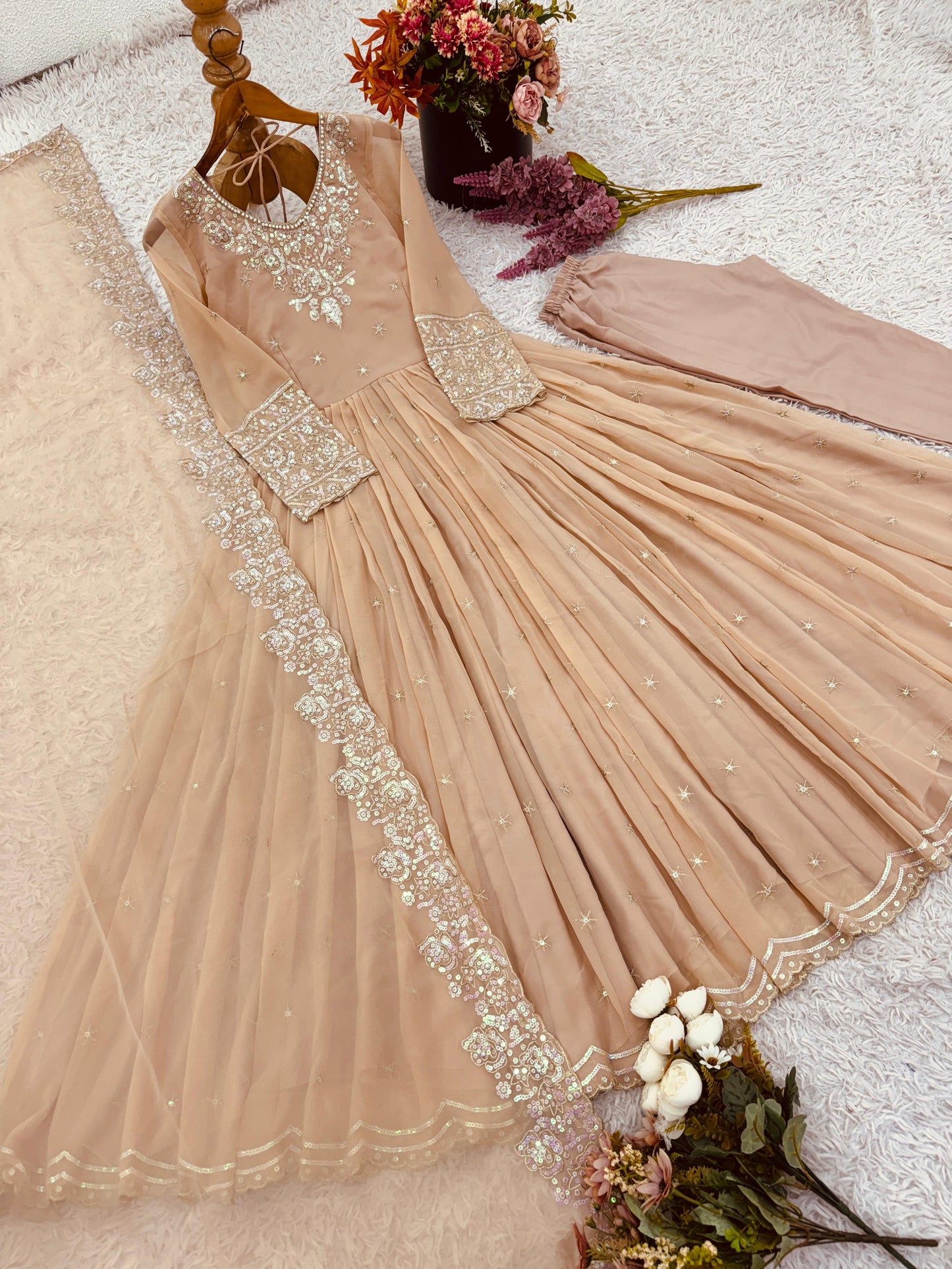 Peach Embroidered Georgette Women's Party Wear Gown Set