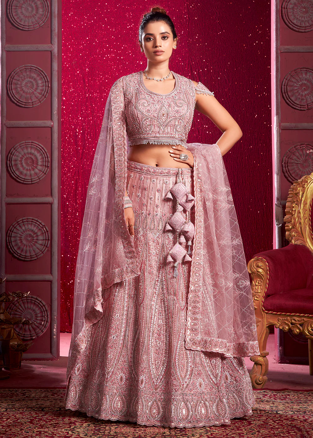 Peach Pink Bridal Bridesmaid Lehenga Choli Set with Zari & Sequins Detailing