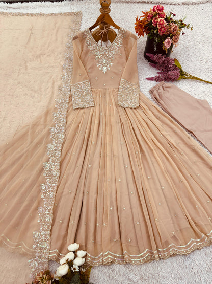 Peach Embroidered Georgette Women's Party Wear Gown Set