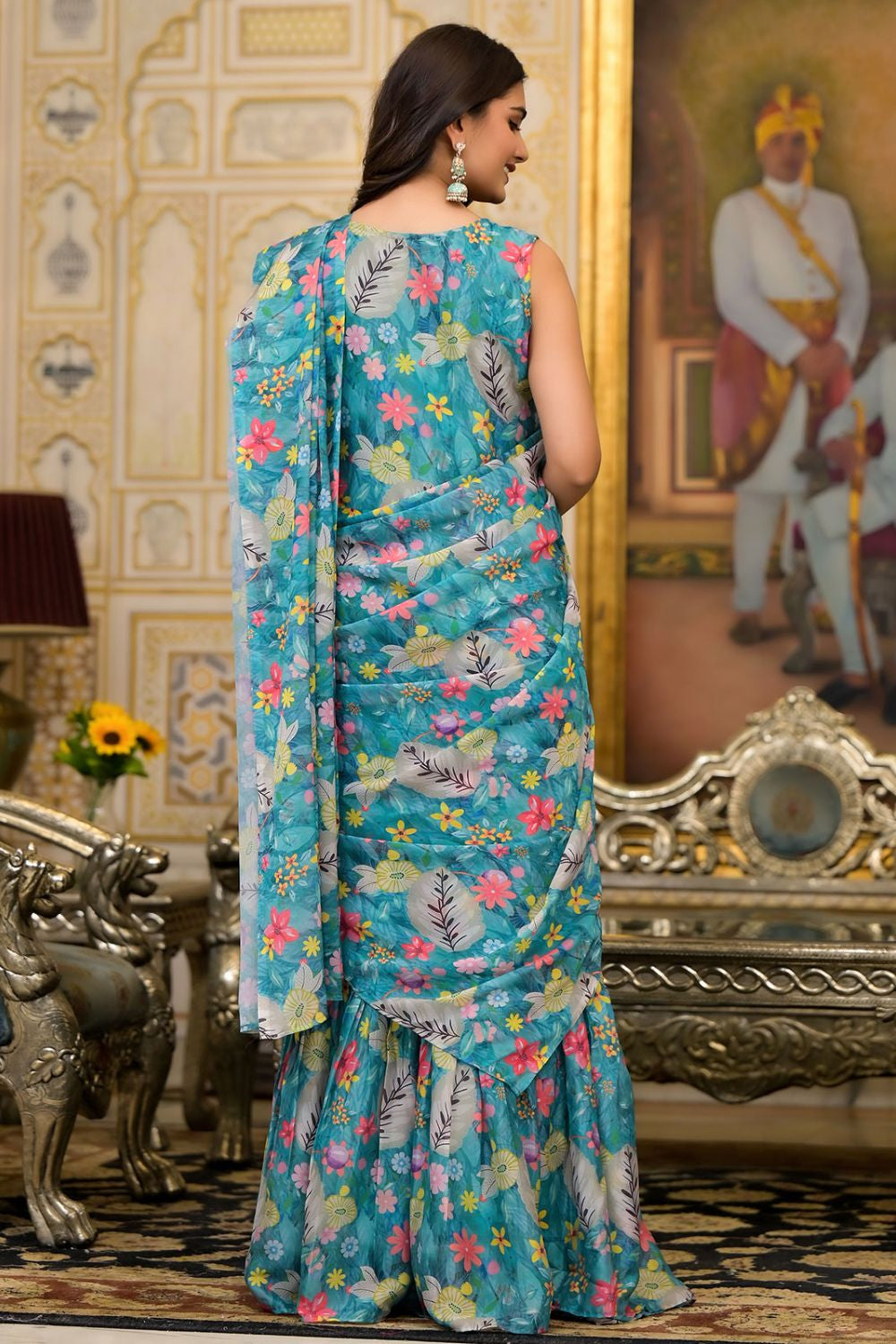 Peacock Blue FloraDrape Georgette 1 Minute Saree Gown Ready to wear