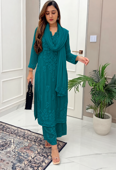 Peacock Teal Ethereal Dyeable Chikankari Kurta Set (NEW)