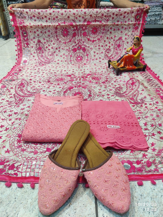 Phulkari Suit With Handmade Mirror Work Dupatta-Baby Pink - Inayakhan Shop 