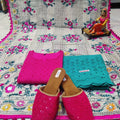 Phulkari Suit With Handmade Mirror Work Dupatta-Blue & Dark Pink