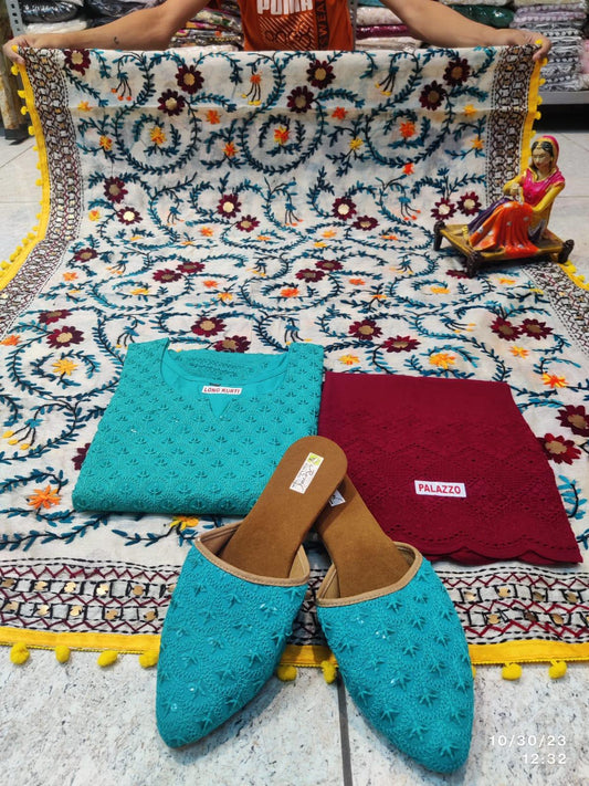 Phulkari Suit With Handmade Mirror Work Dupatta-Blue & Maroon - Inayakhan Shop 