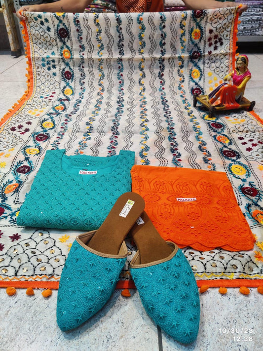 Phulkari Suit With Handmade Mirror Work Dupatta-Blue & Orange - Inayakhan Shop 