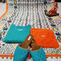 Phulkari Suit With Handmade Mirror Work Dupatta-Blue & Orange