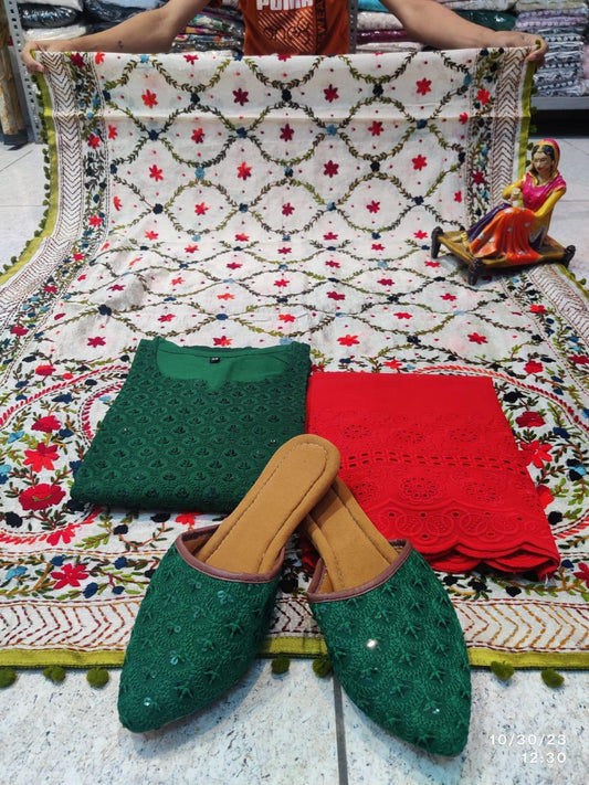 Phulkari Suit With Handmade Mirror Work Dupatta-Dark Green & Red - Inayakhan Shop 