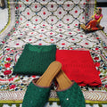 Phulkari Suit With Handmade Mirror Work Dupatta-Dark Green & Red