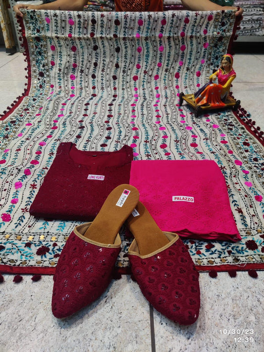 Phulkari Suit With Handmade Mirror Work Dupatta-Maroon & Pink - Inayakhan Shop 