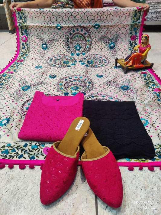 Phulkari Suit With Handmade Mirror Work Dupatta-Pink & Black - Inayakhan Shop 