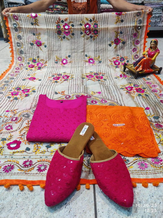 Phulkari Suit With Handmade Mirror Work Dupatta-Pink & Orange - Inayakhan Shop 