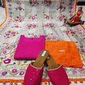 Phulkari Suit With Handmade Mirror Work Dupatta-Pink & Orange