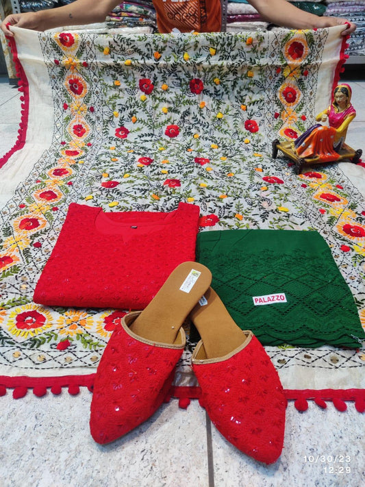 Phulkari Suit With Handmade Mirror Work Dupatta-Red & Green - Inayakhan Shop 