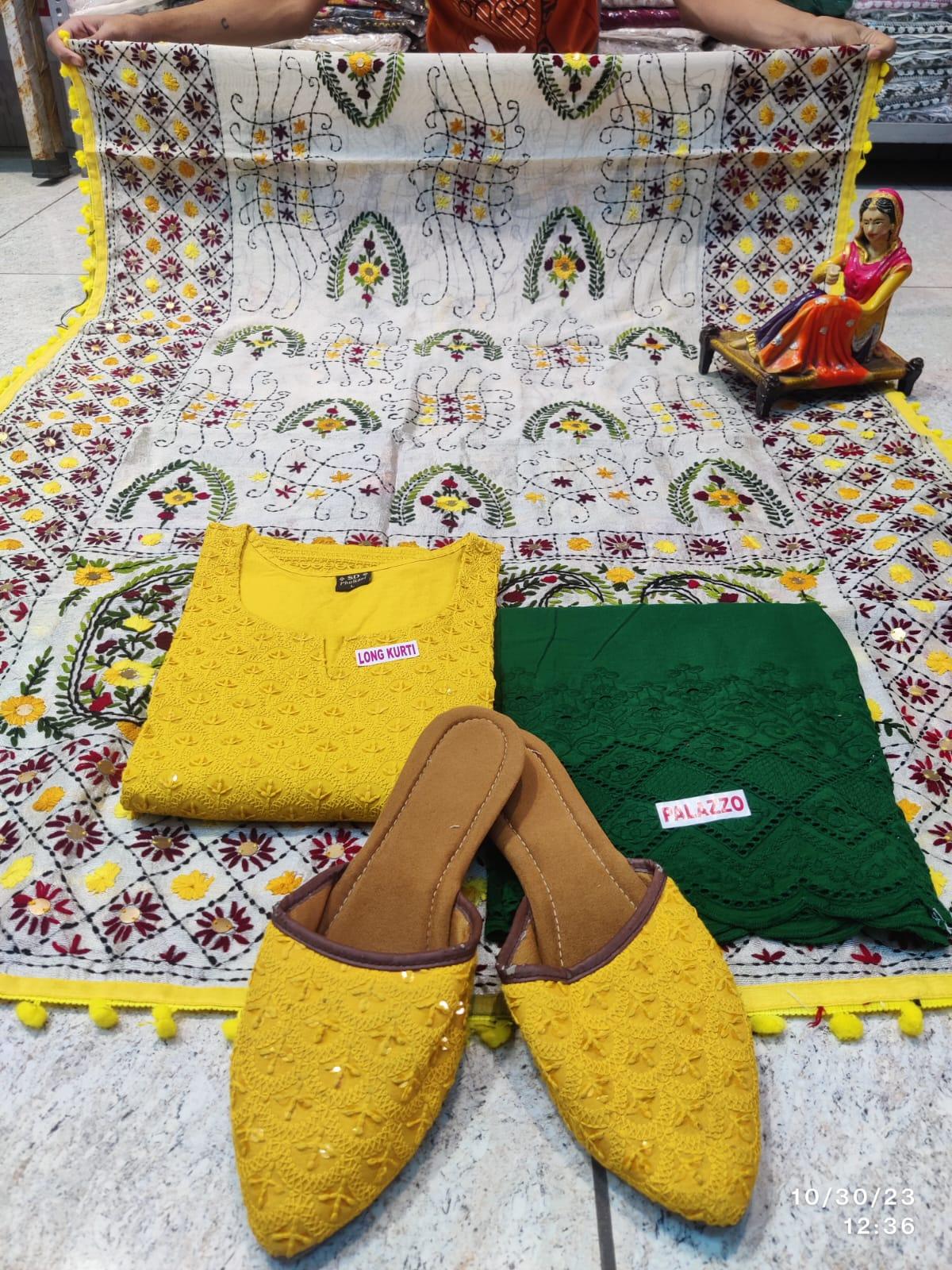 Phulkari Suit With Handmade Mirror Work Dupatta-Yellow & Green - Inayakhan Shop 