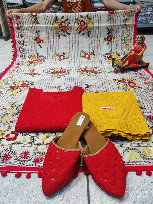 Phulkari Suit With Handmade Mirror Work Dupatta-Yellow & Red - Inayakhan Shop 