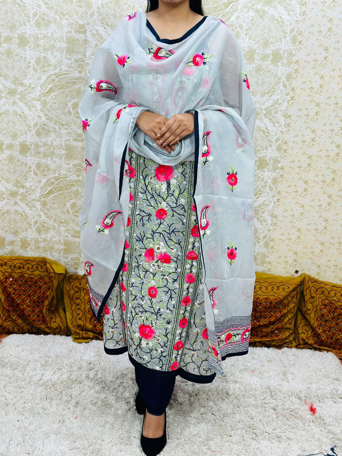 Grey Pink Kota Doria Phulkari Work Cotton Suit with Tafeta Pants and Kota Doria Dupatta