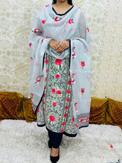 Grey Pink Kota Doria Phulkari Work Cotton Suit with Tafeta Pants and Kota Doria Dupatta