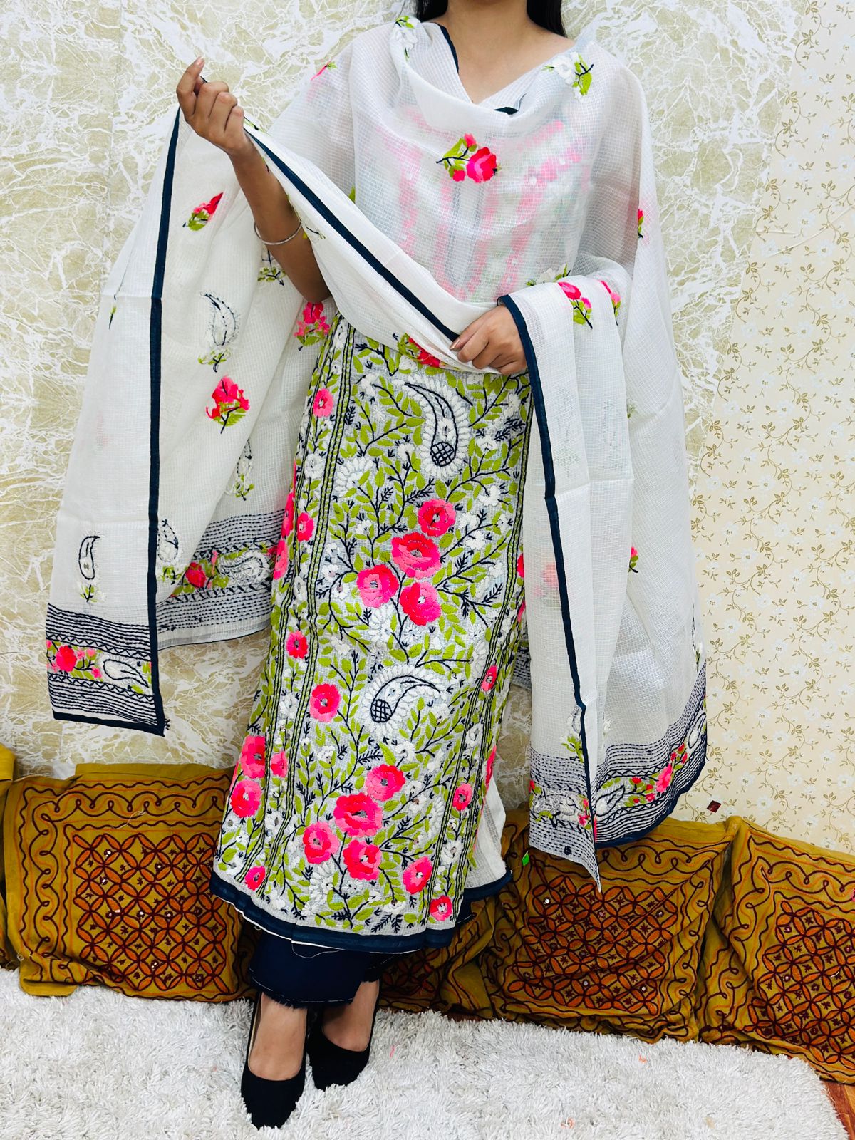 Green Pink Kota Doria Phulkari Work Cotton Suit with Tafeta Pants and Kota Doria Dupatta