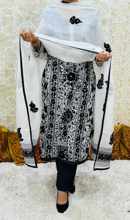 Black and White Kota Doria Phulkari Work Cotton Suit with Tafeta Pants and Kota Doria Dupatta