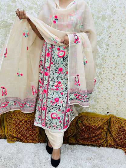 Peach Pink Kota Doria Phulkari Work Cotton Suit with Tafeta Pants and Kota Doria Dupatta