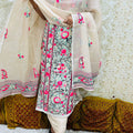 Peach Pink Kota Doria Phulkari Work Cotton Suit with Tafeta Pants and Kota Doria Dupatta