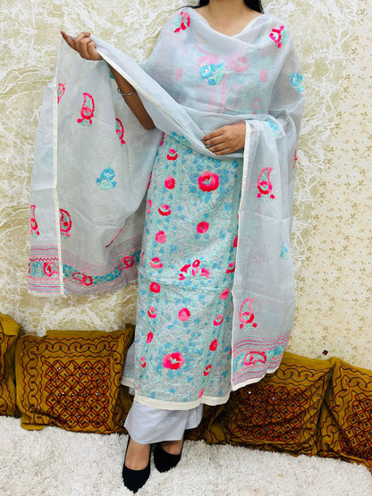 Light Blue Kota Doria Phulkari Work Cotton Suit with Tafeta Pants and Kota Doria Dupatta