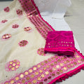 Beige Pink Chikankari Kurti Plazo Set with Golden Mirror Phulkari Dupatta Plus Sizes