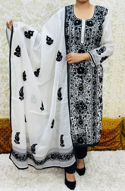 Black and White Kota Doria Phulkari Work Cotton Suit with Tafeta Pants and Kota Doria Dupatta