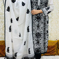 Black and White Kota Doria Phulkari Work Cotton Suit with Tafeta Pants and Kota Doria Dupatta