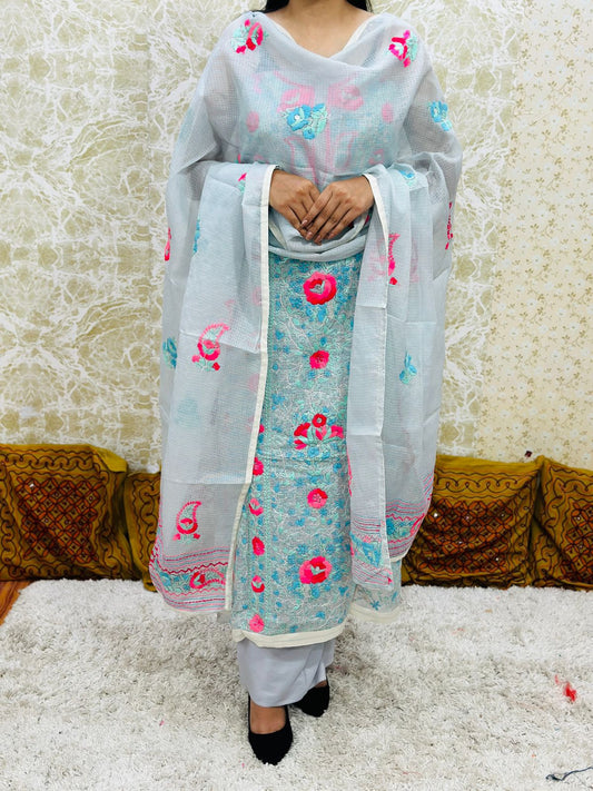 Light Blue Kota Doria Phulkari Work Cotton Suit with Tafeta Pants and Kota Doria Dupatta