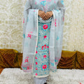 Light Blue Kota Doria Phulkari Work Cotton Suit with Tafeta Pants and Kota Doria Dupatta