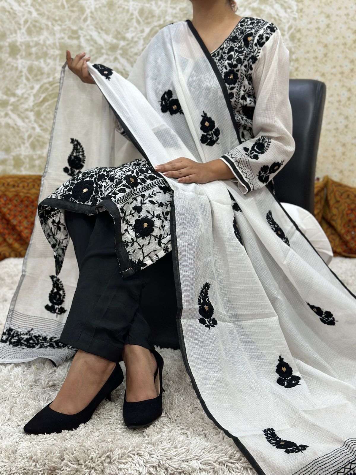 Black and White Kota Doria Phulkari Work Cotton Suit with Tafeta Pants and Kota Doria Dupatta