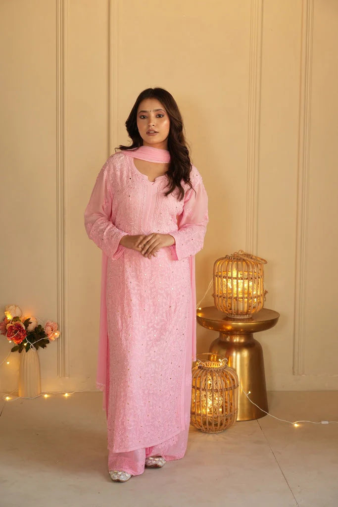 Pink Ethereal Chikankari & Mukaish Work Ensemble