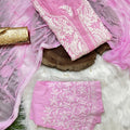 Pink 3 Pc Lucknow Chikankari Handwork Kurti, Pant, and Dupatta Set