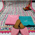 Pink & Aqua Blue Silken Reflections Ensemble 4 Pc With Jutti , Chikankari Kurti Pallazo and Elegant Mirror work Dupatta