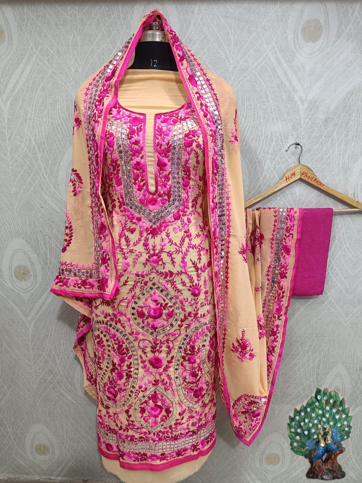 Pink & Beige Special Georgette Phulkari Suit with Beautiful Embroidery Shopping Online - Inayakhan Shop 