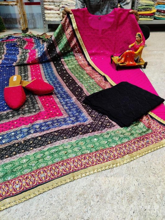 Pink & Black Elegant Chikankari Kurti, Palazzo, and Pakistani Dupatta Set - Inayakhan Shop 