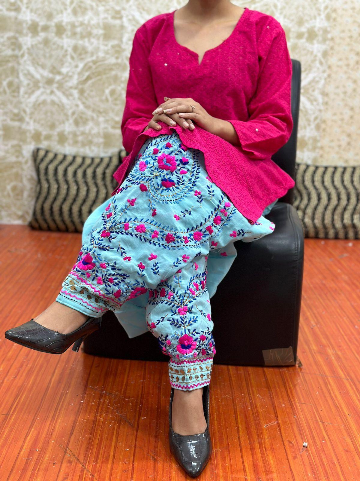 Pink & Blue Elegant Phulkari Patiala Salwar & Chikankari Kameez Set - Inayakhan Shop 