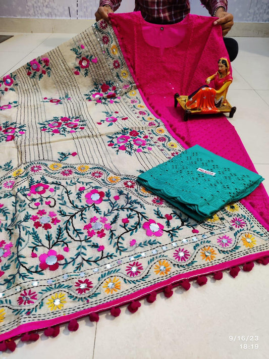 Pink & Blue Handmade Mirror Work Raw Silk Pom Pom Dupatta Set - Inayakhan Shop 