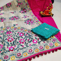 Pink & Blue Handmade Mirror Work Raw Silk Pom Pom Dupatta Set