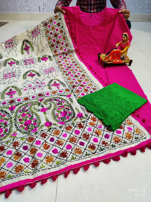 Pink & Green Handmade Mirror Work Raw Silk Pom Pom Dupatta Set - Inayakhan Shop 