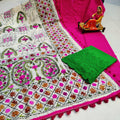 Pink & Green Handmade Mirror Work Raw Silk Pom Pom Dupatta Set
