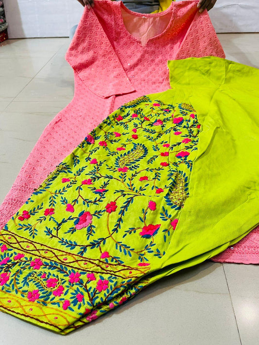 Pink and Parrot Green Sequined Splendor Chikankari Kurti and Patiala Salwar Set - Inayakhan Shop 