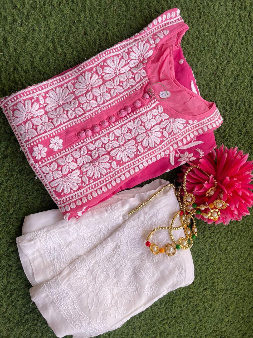 Pink and White Beautiful 3D Viscose Lucknow Chikankari Work Kurti and Pallazo - Inayakhan Shop 