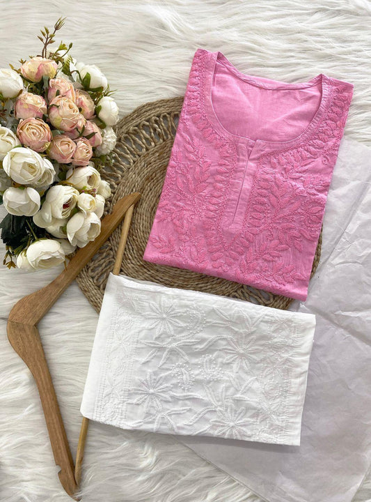 Pink and White Elegant Mal Mal Chikankari Short Top & Lycra Pants Set - Inayakhan Shop 