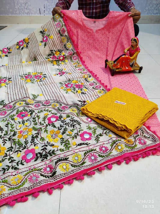 Pink & Yellow Handmade Mirror Work Raw Silk Pom Pom Dupatta Set - Inayakhan Shop 