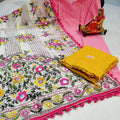 Pink & Yellow Handmade Mirror Work Raw Silk Pom Pom Dupatta Set