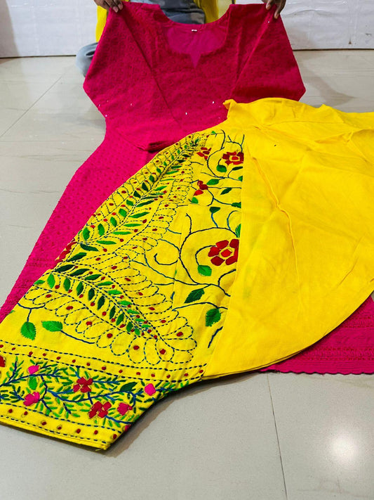 Pink and Yellow Sequined Splendor Chikankari Kurti and Patiala Salwar Set - Inayakhan Shop 