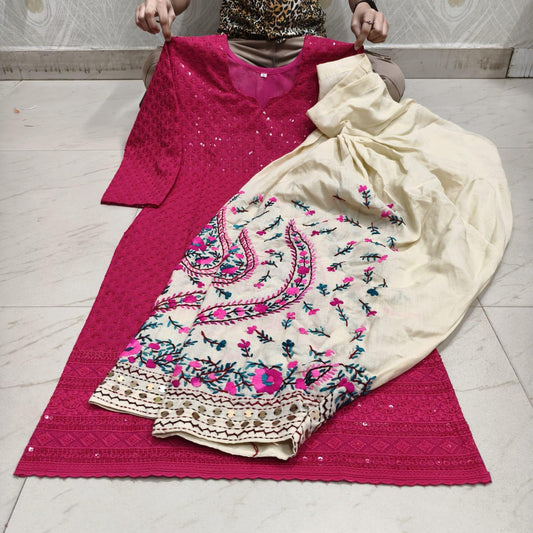 Pink Beautiful Embroidered Phulkari Kantha Salwar & Chikankari Kurti Set - Inayakhan Shop 