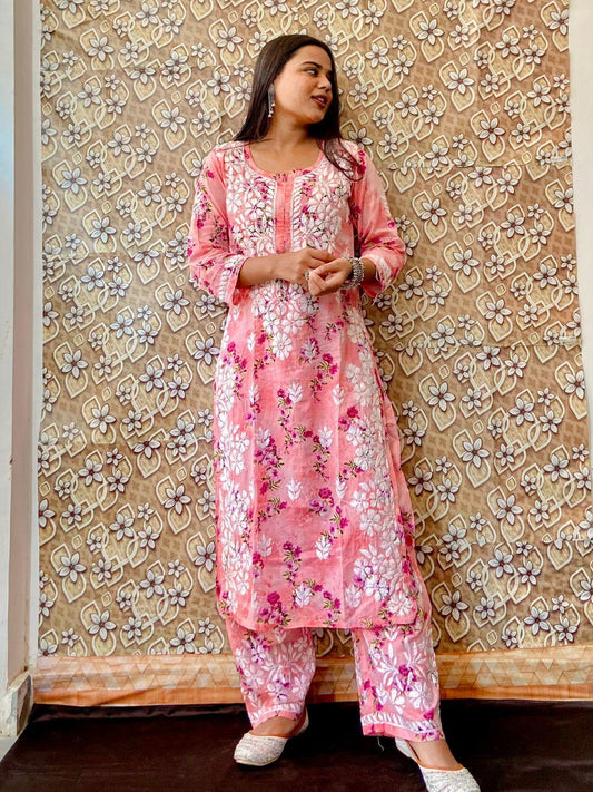 Pink Best Seller Enchanting Floral Elegance MulMul Set with Heavy Side Border Work - Inayakhan Shop 